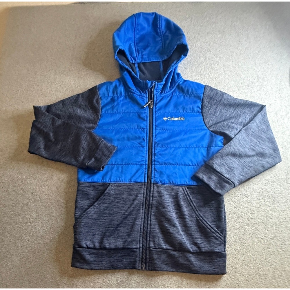 Columbia Boys Hybrid Hoodie Jacket Blue Gray Quilted Fleece M 10/12